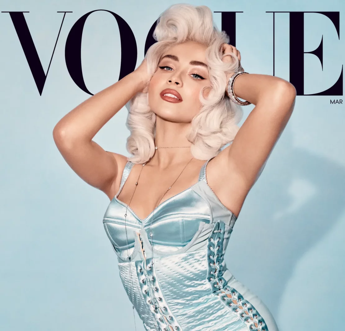 Sabrina Carpenter on the cover of Vogue's March issue. Photographed by Steven Meisel.